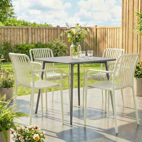 conjunto 4 sillas jardín apilables plástico crema OKMYHOME (1/5)