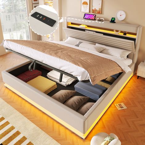 Lit Coffre 180x200 avec Rangement, LED, USB et USB-C, Lit King Size avec Sommier à Lattes, Tête de Lit Rembourrée, Sans Matelas, Beige (1/5)