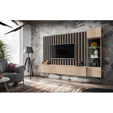 Paris Prix – Ensemble meuble TV 220cm – Panneaux stratifiés et verre – Système d'ouverture 'Push & Touch' – Tendance moderne – Naturel et noir