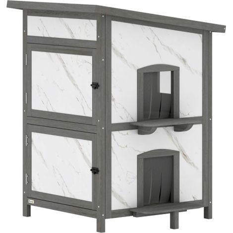 Caseta de exterior para gatos, de madera, con múltiples entradas, ventanas, impermeable, 60 x 60 x 88 cm, blanca, para instalación en obra. (1/5)