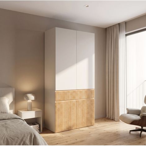 Kleiderschrank 90x50x200 cm, mit Kleiderstange und Schublade, vier Drehtüren, MDF und Spanplatte, Hellgrau Natur (1/5)