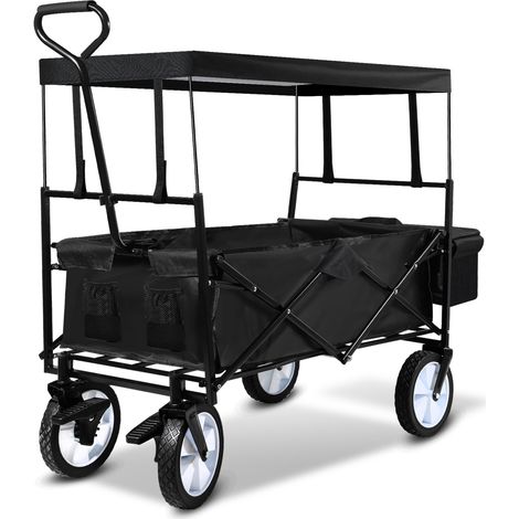 Randaco Bollerwagen Faltbar mit Dach Handwagen Transportwagen, Strandwagen, klappbar, Vollgummi-Reifen, bis 80 kg, mit Bremsen + Tragetasche - Gartenwagen