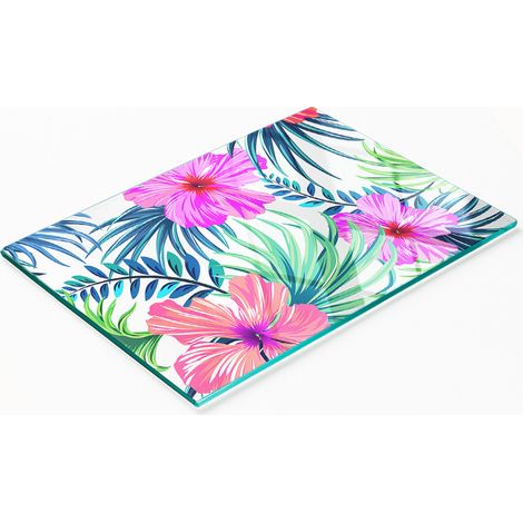 Tabla de cortar decorativa de cristal para cocina con dise帽o de flores hawaianas, 80x52 cm.