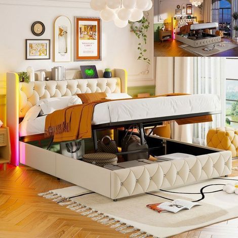 Struttura letto 140x200 cm, contenitore, LED RGB, velluto, struttura letto matrimoniale 140x200 cm, beige