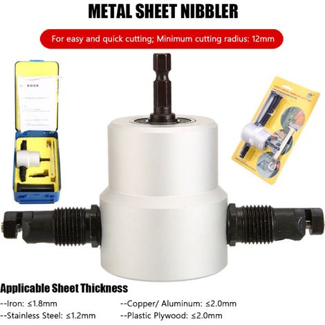 Grignoteuse à double tête pour tôles, accessoire pour perceuse électrique, coupe-métaux pour plastique, contreplaqué, fer, acier, aluminium, cuivre, découpe droite, courbe et irrégulière (1/5)