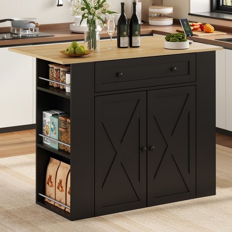 Modernluxe - Îlot central de cuisine - table à manger pliable - avec 2 portes et 1 tiroir - avec prise de courant - Noir (1/5)