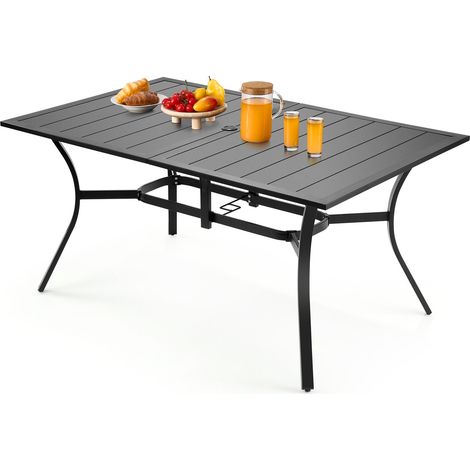 Table à manger pour patio extérieur 1500 mm, table de bistrot rectangulaire en acier et métal, pour 4-6 personnes, trou pour parasol 38 mm, grand meuble toutes saisons pour jardin, véranda, noir (1/5)