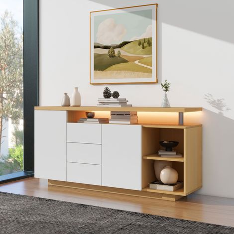 Madia con 2 Ante, 3 Cassetti e 2 Vani Aperti, LED e Ripiani Regolabili, per Soggiorno, 140 x 40 x 70 cm