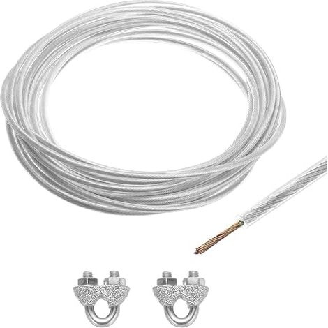 4mm (5/32 Inch) Galvanized Steel Cable Transparent Vinyl Sheathing, 6m/20ft With 2PCS M5 Loop Sleeves For Hanging Lighting, Railing Terrace, Garden Wire (1/5)