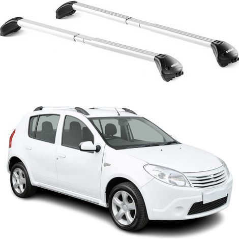 OMAC Barres de toit transversales certifiées TÜV pour Dacia Sandero Stepway 2010-2026 – Verrouillables (4 antivols) – Charge max 100 kg – Sangle inox + protection caoutchouc Argent (1/4)