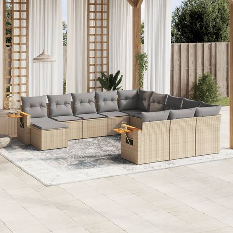 11-tlg. Garten-Sofagarnitur mit Kissen Beige Poly Rattan (1/3)
