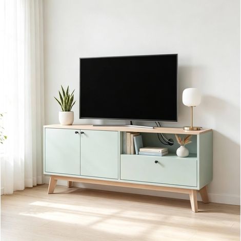 Mobile TV 120 cm in MDF verde chiaro effetto quercia con 2 ante, cassetto e vano aperto (1/5)