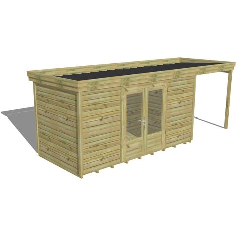 ABRI DE JARDIN bois Pin autoclave 27mm - 6,34x2,14m / 13,6m2 - Bac acier - Plancher bois (1/5)