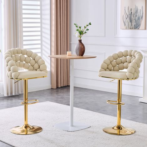 2 Tabourets Bar Velours – Crème, Perles, Doré (1/5)