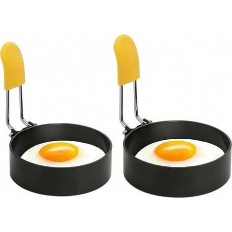 Juego de 2 aros para huevos de acero inoxidable con mango de silicona y brocha – Aros antiadherentes para hornear huevos, panqueques y muffins (1/5)