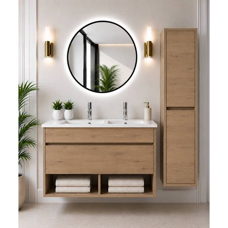 Meuble de salle de bain suspendu avec vasque extra-plat ORIGENBATH NEBARI avec tiroir sans miroir 120x45 cm double vasque estepa avec colonne (1/5)