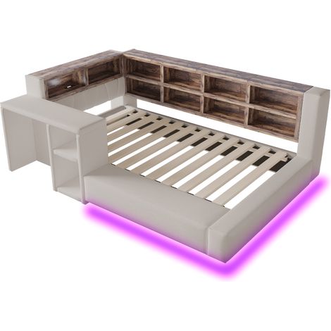 Gepolstertes Bett 90 x 200 cm in Hellgrau mit Stauraum, LED und Steckdosen (1/5)