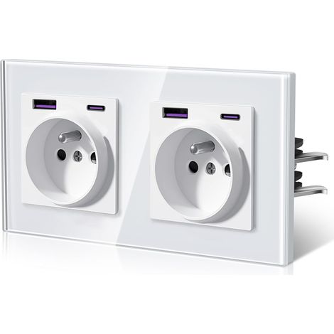 Prise Murale avec 20W USB et Type C, 3 IN 1 Prise Electriques Standard avec Griffes, Prise de courant en Verre, Connexion Rapide Sans Vis, Recharge Rapide,Gain de Place Élégant, 86157MM, Blanc (1/5)