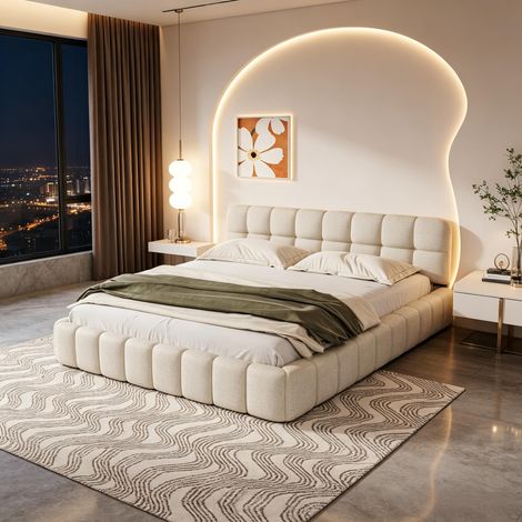 FOERPL-Lit Double Rembourré 140x200 cm, Lit Tapissé 140 x 200 avec Sommier à Lattes Lit Bulle avec Dossier Moelleux et Tête de Lit Capitonné, Lits 2 Personnes avec Bordure Rembourrée (1/5)
