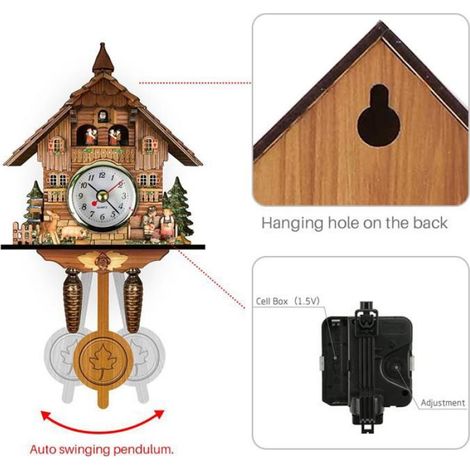Horloge Murale - Bois - Style Rétro Nord-Ouest Européen - Pour Salon Chambre Bureau - 128 À 130 X 225 À 235 X 55 Mm - 1 Pièce (1/5)