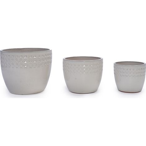 Set di 3 vasi da fiori in ceramica smaltata crema lucida con rilievo triangolare, Ø 38/30,5/23 cm (1/5)