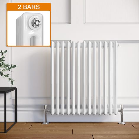 ELEGANT Traditional Column Radiator Horizontal White Double Bar Heater Central Heating + White Thermostatic Radiator Valves 600 x 605mm (1/5)