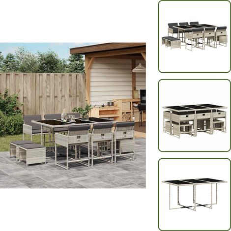 The Living Store Ensemble à manger de jardin 11pcs avec coussins gris poly rotin - Ensemble Salon De Jardin - Meuble De Jardin - Résine Tressée - Mobilier D'extérieur - Table De Jardin