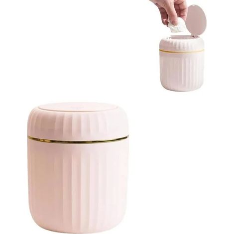 Mini Poubelle de Table 2L avec couvercle, rose, 13×13×16cm. Idéale pour salle de bain, bureau, coiffeuse ou table de chevet. - Rose (1/5)