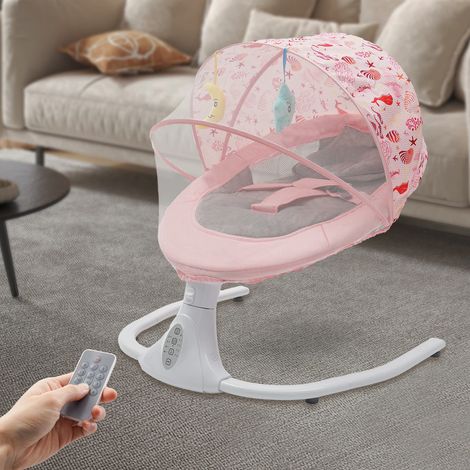 Elektrischer Babyschweckstuhl mit Fernbedienung, rosafarbener Flachschweckstuhl, Zeiteinstellung, Winkeleinstellung, Schwingamplitude