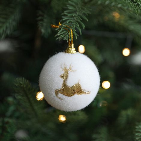 Boule De Noël - Velours Blanc Avec Motif Or - 6 cm - Pour Arbre De Noël Et Décoration Intérieure - Lot De 6 (1/5)
