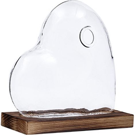 Vase décoratif en verre forme cœur, support hydroponique en bois style nordique, base vintage pour plante pothos, décoration bureau élégante et moderne (1/5)