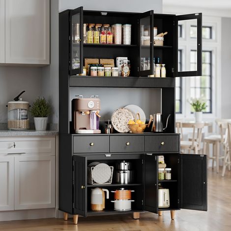 Sideboard Bealife Küchenschrank Höhe 180 cm verstellbare Regale 3 Glastüren 3 Schublade Vorratsschrank Küche mit Anti-Kipp-Design