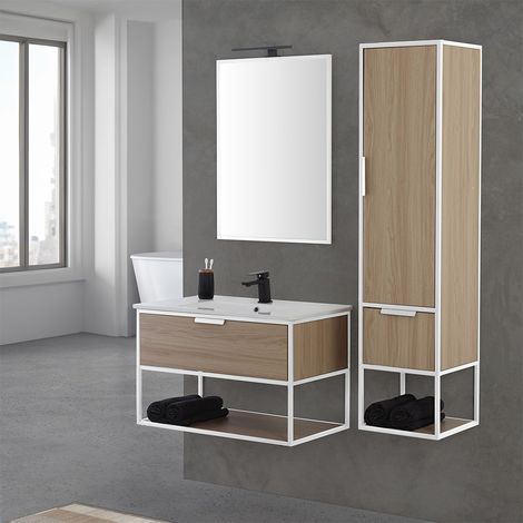 Mobile bagno sospeso 80 cm industrial bianco e legno con pensile Baketo (1/5)