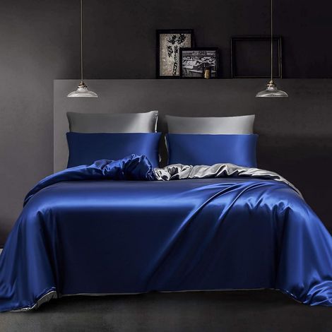 Bettwäsche-Set 155x220 cm Blau Dunkelgrau Wendebettwäsche Satin Glatt Seidig