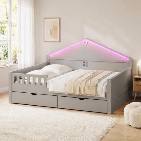 Kinderbett 140x200 mit LED, 2 Schubladen und Lattenrost, grau HAVRYA (1/5)