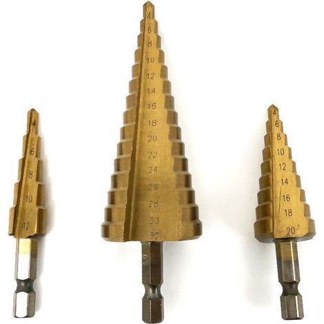 Beast 3-teiliges HSS-TiN-Stufenbohrer-Set mit Titanbeschichtung – Durchmesser 4–12, 4–20, 4–32 mm – 6,35 mm Schaft – Präzisionsbohrwerkzeuge (1/5)