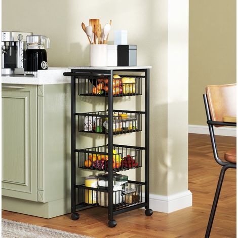 Carrello da cucina con ruote, 4 cesti in acciaio e piano in MDF, grigio chiaro HAVRYA (1/5)