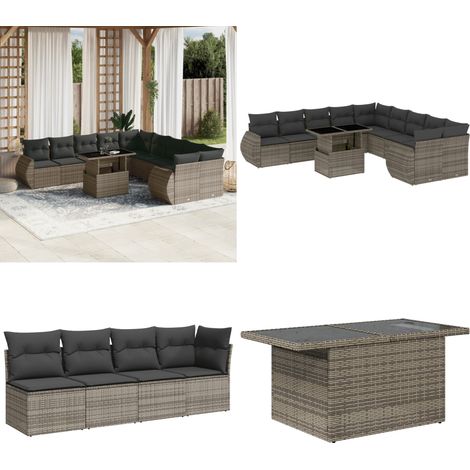 11-tlg. Garten-Sofagarnitur mit Kissen Grau Poly Rattan - Gartenmöbel Set - PE-Rattan Möbel - Outdoor Lounge - Gartenlounge - Balkonmöbel - Home & Living (1/5)