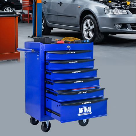 Carrello portautensili in metallo con 6 cassetti e ruote, 52,5 x 33 x 77,5 cm, acciaio nero e blu (1/5)