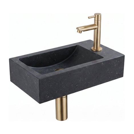 FugaFlow Eccelente Pietra ensemble de lavabo - 22x40x10cm - 1 trou de robinet - droite - pierre naturelle - robinet de lavabo en laiton brossé PVD (1/2)