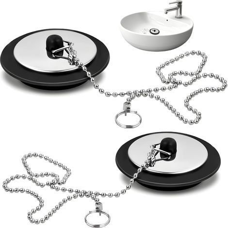 Lot de 2 bondes de baignoire universelles en PVC noir 42-45 mm avec chaîne en acier inoxydable (1/5)