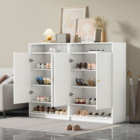 Meuble à chaussures moderne deux portes avec étagères modulables et poignées dorées, blanc, dimensions L146 x P34 x H109 cm (1/4)