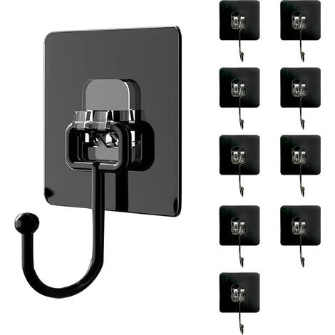 Lot de 10 Cochet Adhésif Mural(Maximum 30 kg) - Noir - Étanche et Sans Trace - Fixation Murale Sans Percer Pour Salle de Bain, Plafond, Crochet Mural, Ustensiles de Cuisine, Clés, Sac à Dos (1/5)