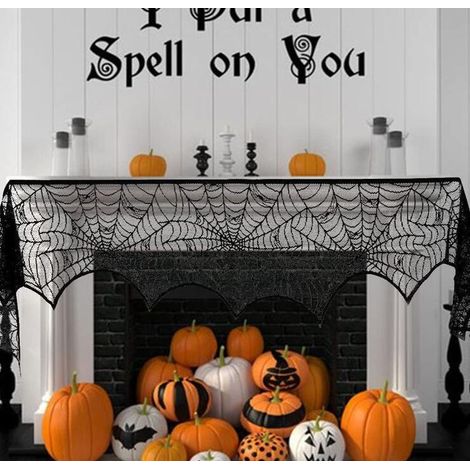 Ensemble de décoration d'Halloween avec nappe noire en forme de toile d'araignée (1/5)