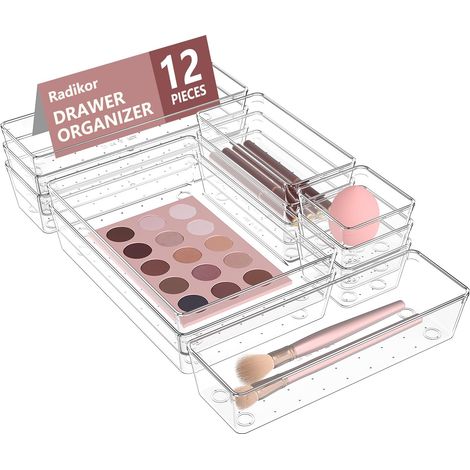 Lot de 12 Organisateurs de Tiroir, Rangement Tiroir en Plastique Transparent, Bacs de rangement avec 4 Tailles pour salle de bain, coiffeuse, Cuisine et Bureau (1/5)
