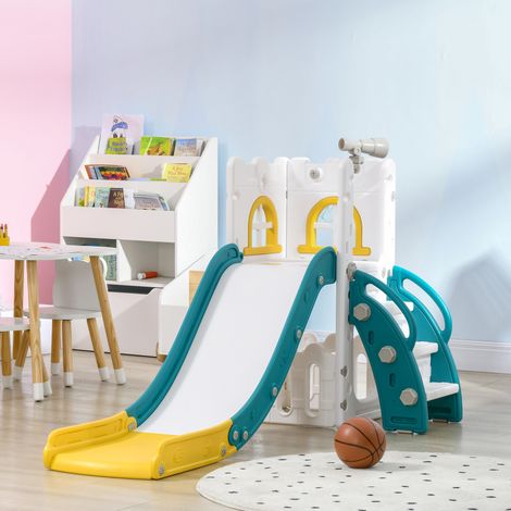 Scivolo per bambini 5 in 1 con canestro da basket, telescopio, struttura per arrampicata e cestino inferiore per uso interno (giallo e verde)