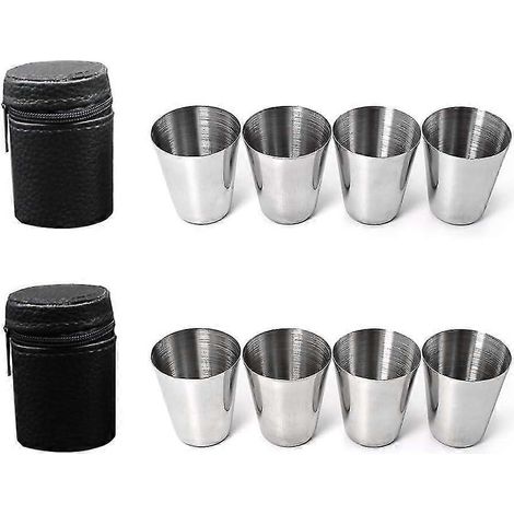 Ensemble de 8 verres à shot en acier inoxydable avec étui en cuir, accessoire idéal pour flasque, cadeau parfait (1/5)
