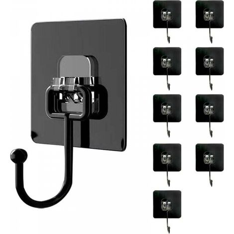 Lot de 10 Cochet Adhésif Mural(Maximum 30 kg) - Noir - Étanche et Sans Trace - Fixation Murale Sans Percer Pour Salle de Bain, Plafond, Crochet Mural, Ustensiles de Cuisine, Clés, Sac à Dos (1/5)