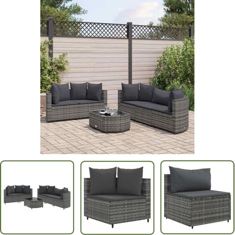 The Living Store 6-tlg. Garten-Sofagarnitur mit Kissen Grau Poly Rattan - Gartensorte - Gartenmöbelset - PE-Rattan Möbel - Outdoor Sofa - Lounge Set