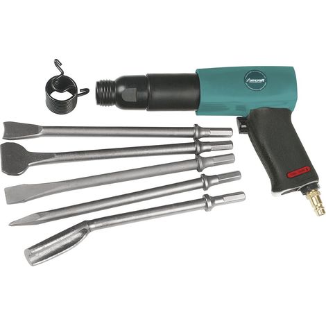 Burineur pneumatique professionnel léger – 5 burins pour ciselure et enlèvement de carreaux – Poignée ergonomique et raccord rapide – Aircraft